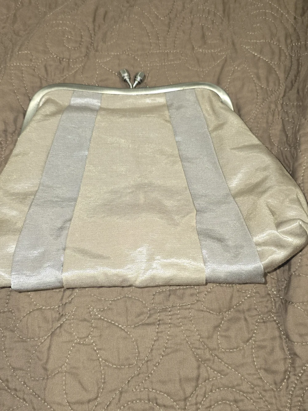 Bath & Body Works Metallic Cream and Silver Stripe Kiss-Lock Clutch